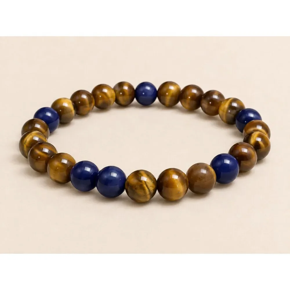 Natural Tigers Eye Lapis Lazuli Gemstone Stretch Bead Bracelet Unisex 8mm